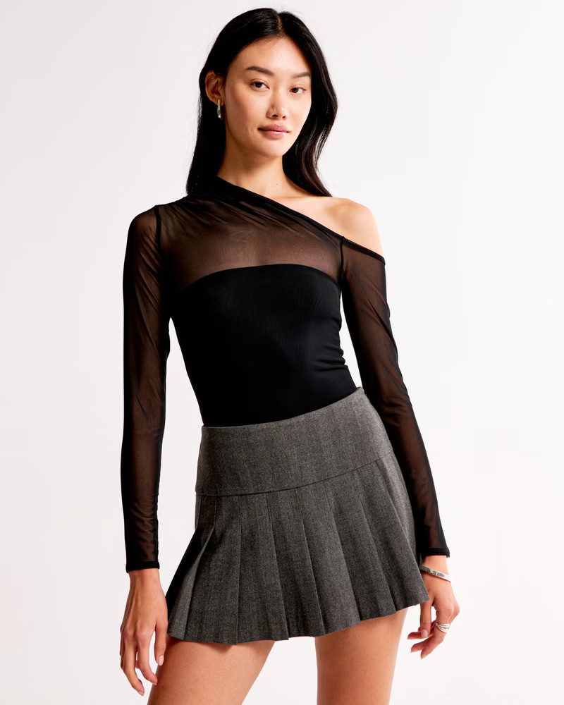 Women's Long-Sleeve Asymmetrical Draped Mesh Bodysuit | Women's New Arrivals | Abercrombie.com | Abercrombie & Fitch (US)