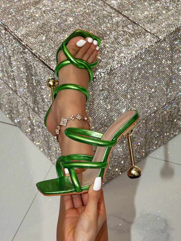 Women's Green Decorated Gold Pyramid High Heel Mules, Gorgeous Party High Heel Sandals | SHEIN