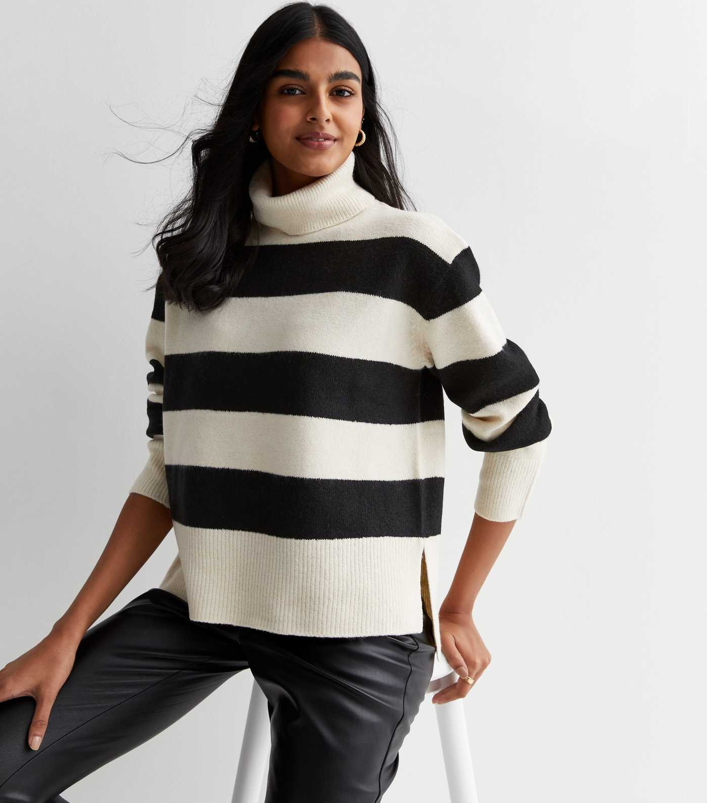 White Stripe Roll Neck Split Hem Jumper
						
						Add to Saved Items
						Remove from Saved I... | New Look (UK)