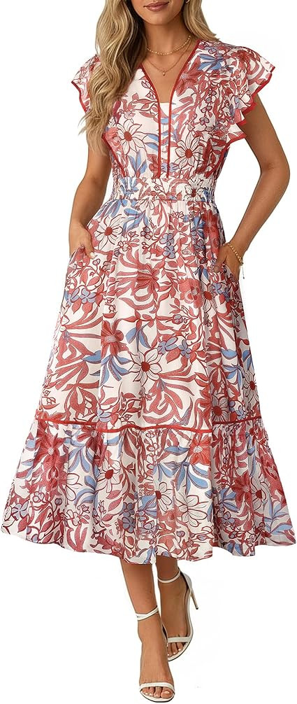 GRACE KARIN 2026 Summer Wedding Guest Dresses for Women Ruffle Sleeve Boho Midi Dress Smocked Flo... | Amazon (US)