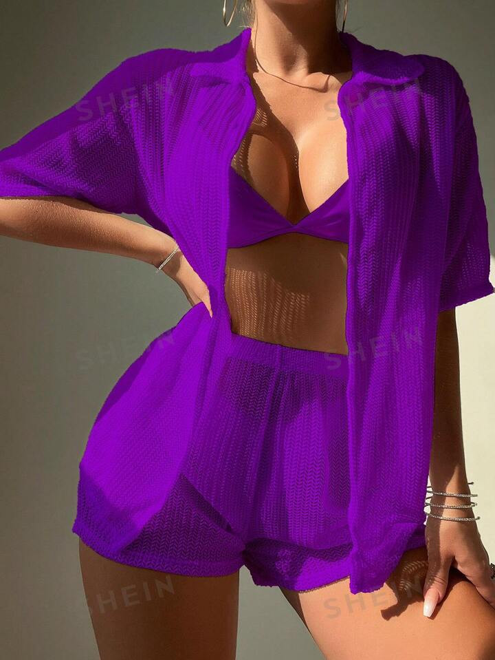 Solid Color Loose Fit Short Sleeve Cardigan And Shorts Two Piece Set | SHEIN