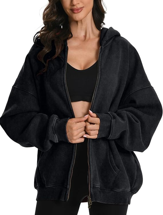 FAIABLE Womens Mens Double Zip Up Hoodie Oversized Acid Wash Heavyweight Hoodie Distress Cotton F... | Amazon (US)