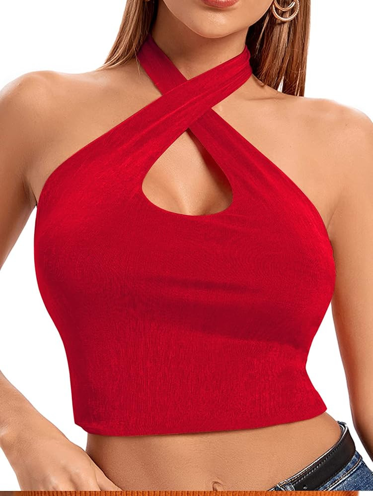 Umenlele Women's Halter Wrap Criss Cross Crop Top Cutout Front Backless Cami Shirt | Amazon (US)