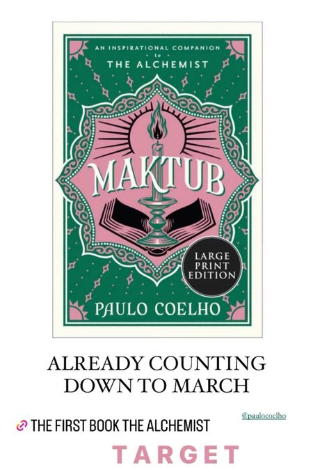 MAKTUB release / Paulo Coelho 
One of my favorite books is the Alchemist  

MAIN THEME ✨🐫♥️
Every moment & omen of the journey is a moment with God - True love never stops a man from living out his personal legend 

LESSONS  
✨If you promise something you don't already have you will loose desire to obtain the real thing 
When he wanted to promise the treasure he didn’t have 
Taking the chance of promising 1/10 of his flock instead 

✨Omens - look for them 