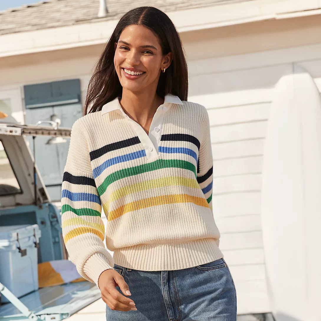 Women's Petite Drifter Rugby with Woven Collar Sweater | Lands' End (US)