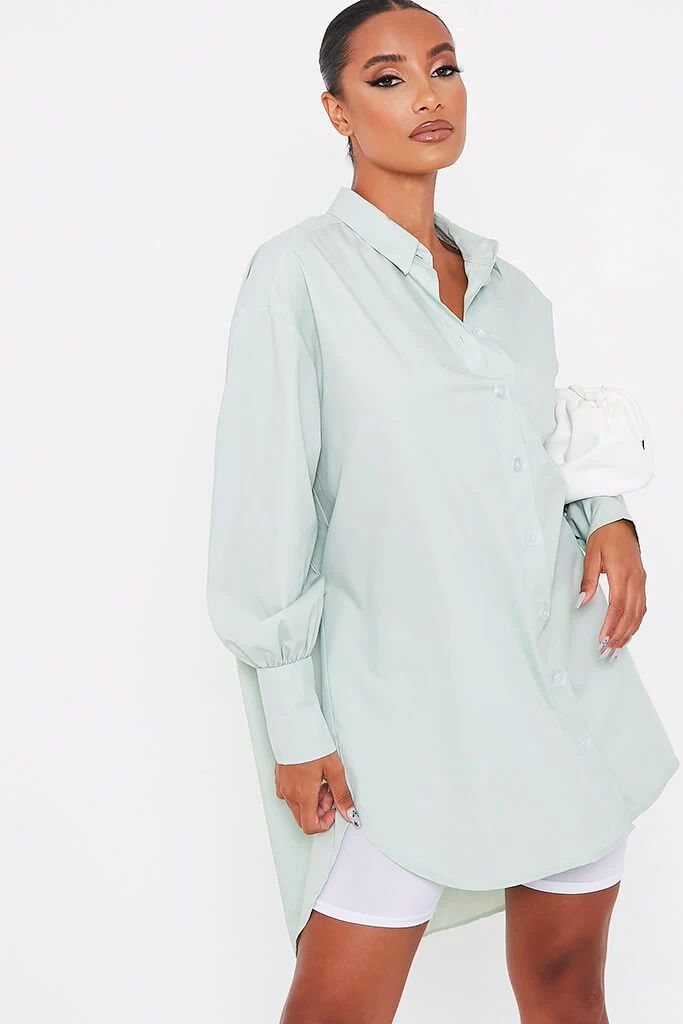 Sage Woven Oversized Dip Hem Shirt Dress | ISAWITFIRST