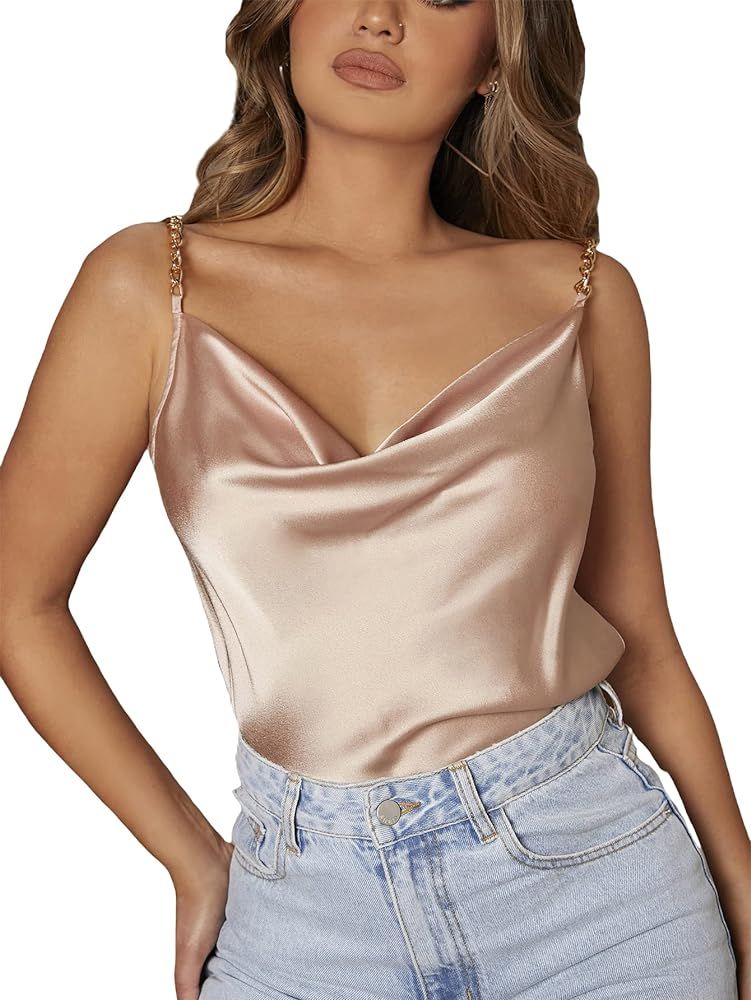 MakeMeChic Women's Satin Silk Chain Strap Cowl Neck Cami Tank Top Sleeveless Blouse | Amazon (US)