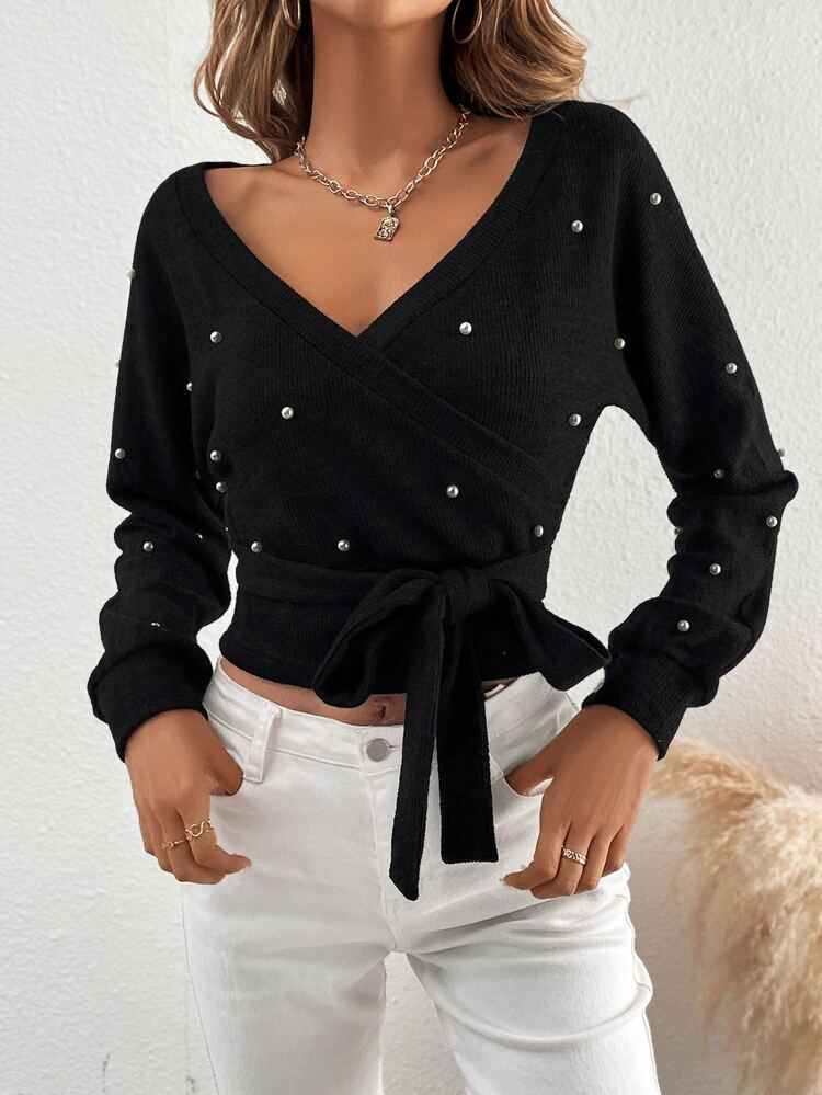 SHEIN Frenchy Pearls Beaded Wrap Batwing Sleeve Belted Tee | SHEIN