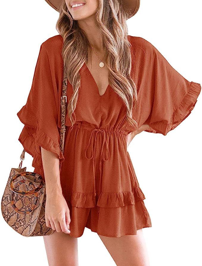 Valphsio Womens V Neck Beach Romper Ruffle Layered Drawstring Waisted Shorts Jumpsuit | Amazon (US)