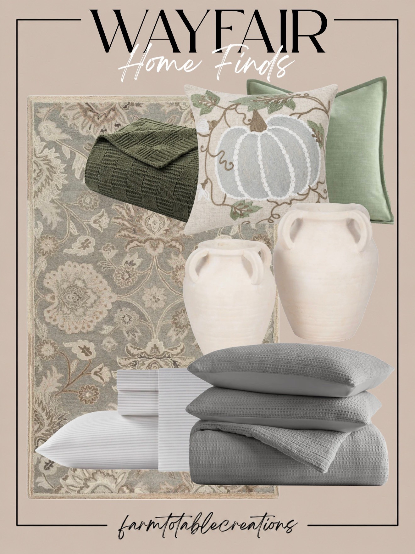 Wayfair Cozy Fall Bedroom Finds 🍂

Soft sage, warm ivory, and layered texture make this Wayfair collection such a pretty way to transition the bedroom into fall. The muted floral rug, cozy bedding, chunky green throw, and neutral pottery create that warm, collected look without feeling overly seasonal.

Follow @farmtotablecreations on Instagram for more cozy home finds and trending decor.

The pumpkin pillow adds just the right touch of fall while keeping the palette soft and sophisticated. These pieces would be beautiful mixed into your existing neutrals for an easy, cozy seasonal refresh.

#LTKHome #WayfairFinds #WayfairHome #FallHome #FallDecor #FallBedroom #BedroomInspo #CozyBedroom #CozyHome #NeutralHome #SageGreen #AutumnDecor #HomeDecor #HomeFinds #WayfairStyle

#LTKSaleAlert #LTKHome
