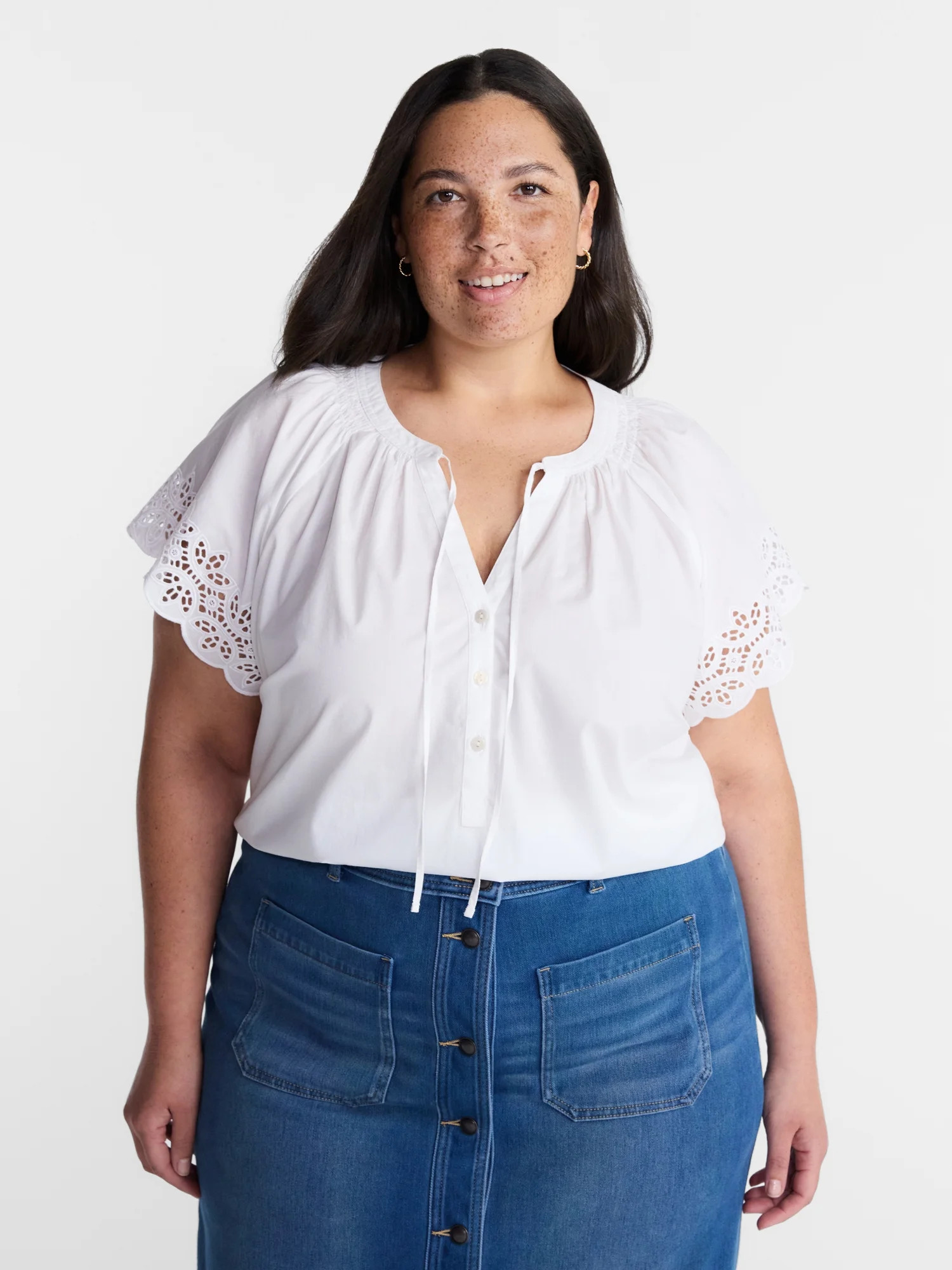 Terra & Sky Women\u2019s Plus Cotton Eyelet Top with Short Sleeves, Sizes 0X-5X | Walmart (US)