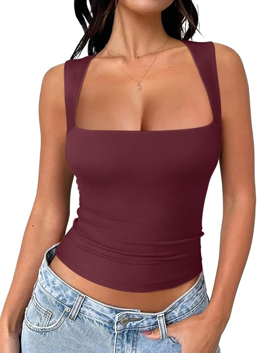 REORIA Butsmooth\u00ae Square Neck Double Lined Going Out Crop Tank Top | Amazon (US)