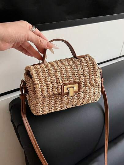 Retro Chic Handwoven Straw Tote Bag, Versatile For Travel, Beach, Casual Wear | SHEIN
