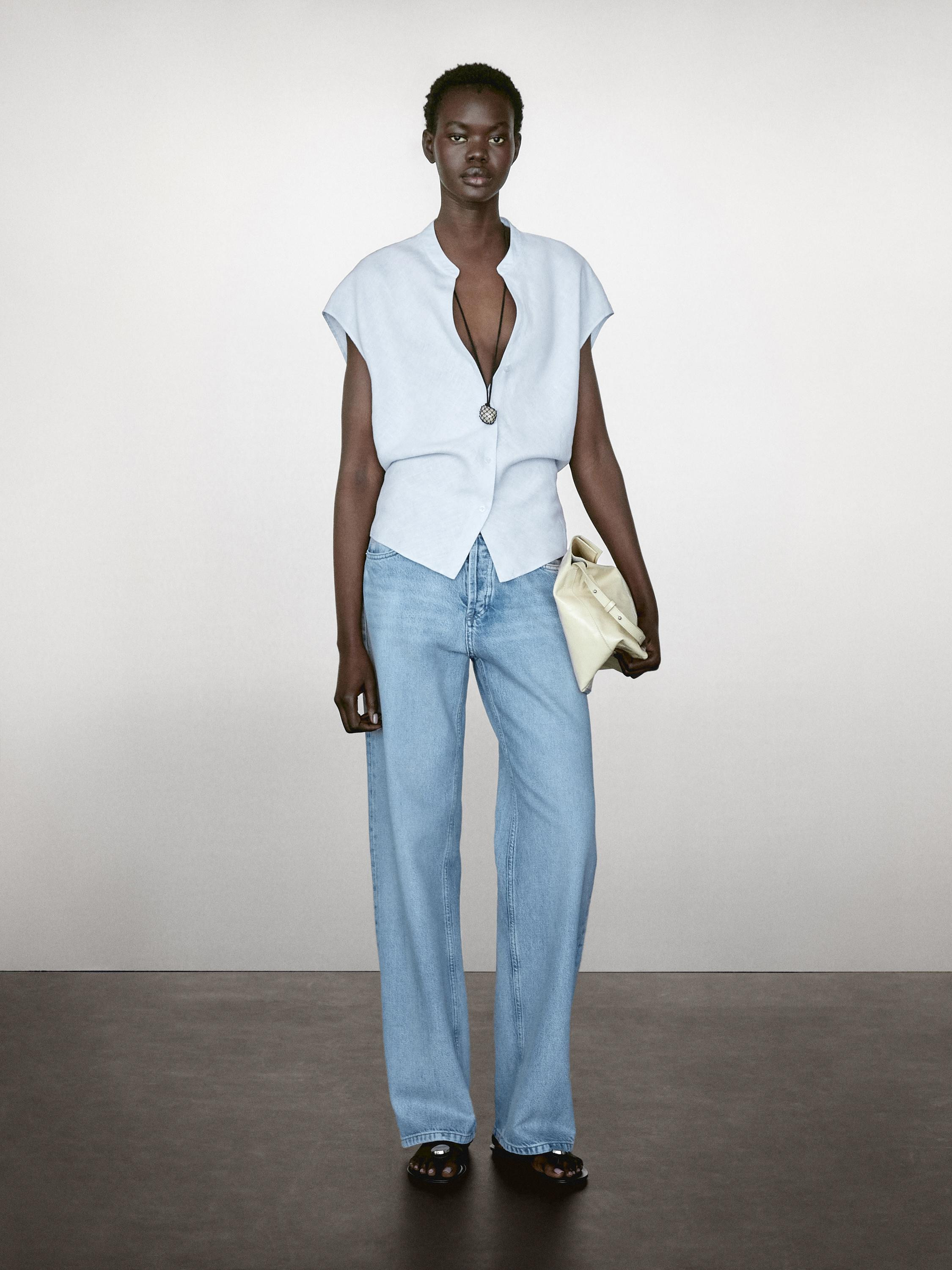 100% linen flowing blouse with open neck | Massimo Dutti UK