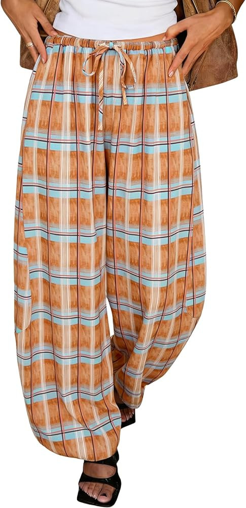 Tankaneo Womens Checkered Pants Baggy Balloon Plaid Harem Pants Casual Drawstring Wide Leg Trouse... | Amazon (US)