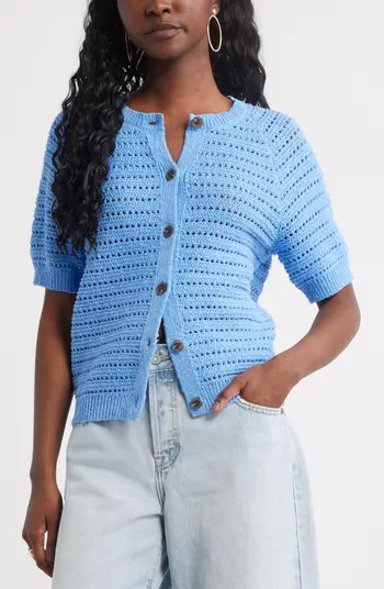 Open Stitch Short Sleeve Cotton Cardigan | Nordstrom Rack