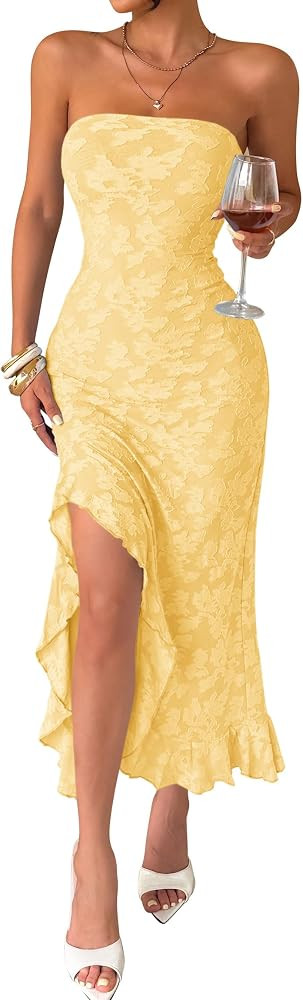 IWD Womens Summer Strapless Formal High Slit Wedding Guest Cocktail Dresses | Amazon (US)