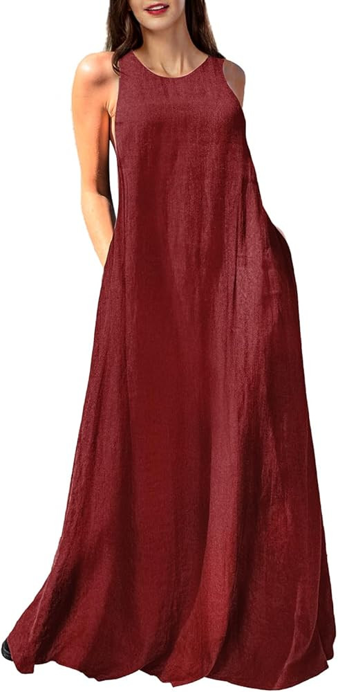 Mingyuezai Women's Sleeveless Linen Maxi Dress Casual Long Dresses with Pockets | Amazon (US)