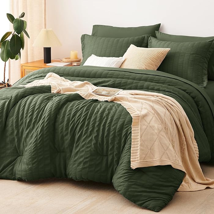 CozyLux Queen Comforter Set Olive Green Seersucker 7 Pieces Bed in a Bag Queen Comforter Set with... | Amazon (US)