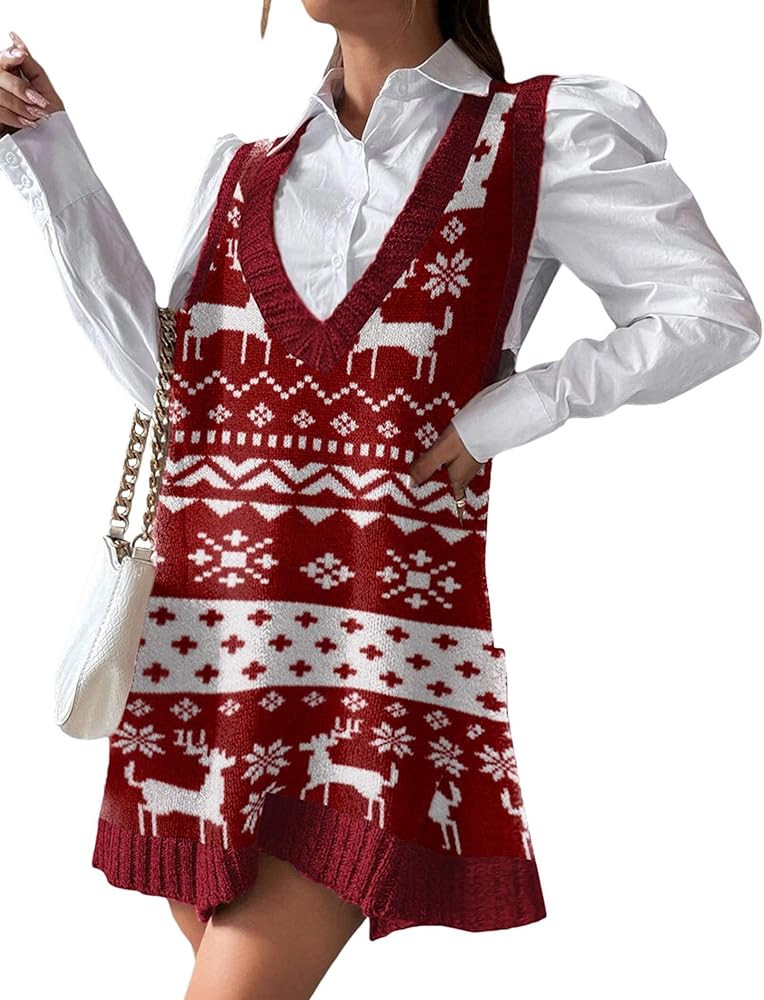 Zeagoo Womens Sweater Vest Dress Pattern Knitted Pullovers Sweaters V Neck Tank Sweater Dress wit... | Amazon (US)