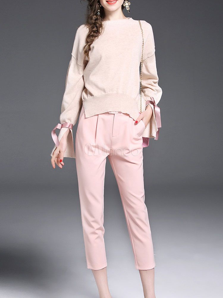 Pink Pants Set Women's Round Neck Long Sleeve Bows Split Sweater With Pants | Milanoo