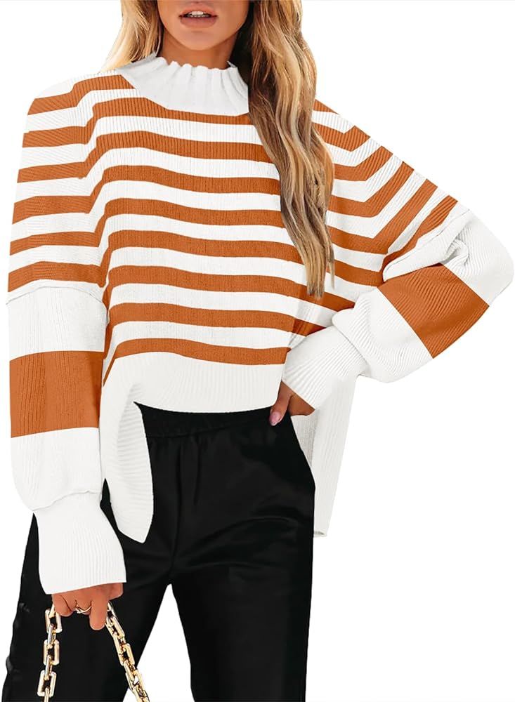 Women's Mock Turtle Neck Long Sleeve Striped Oversized Side Slit Soft Knit Pullover Sweater Tops | Amazon (US)