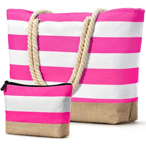 Becokan Beach Bag Initial Beach Tote with Makeup Bag for Travel, Work, Storage Personalized Birthday Gifts for Women Her (Plain, Hot Pink) | Amazon (US)
