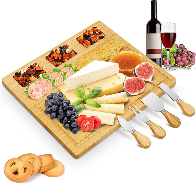Amazon.com | Pitmoly Cheese Board and Knife Set, Wood Charcuterie Board Set, Bamboo Charcuterie P... | Amazon (US)
