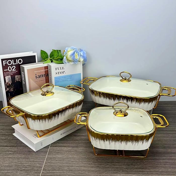 3 Pack Ceramics Chafing Dish Buffet Set with Visible Glass Lid and Holder, Stainless Steel Rectan... | Amazon (US)