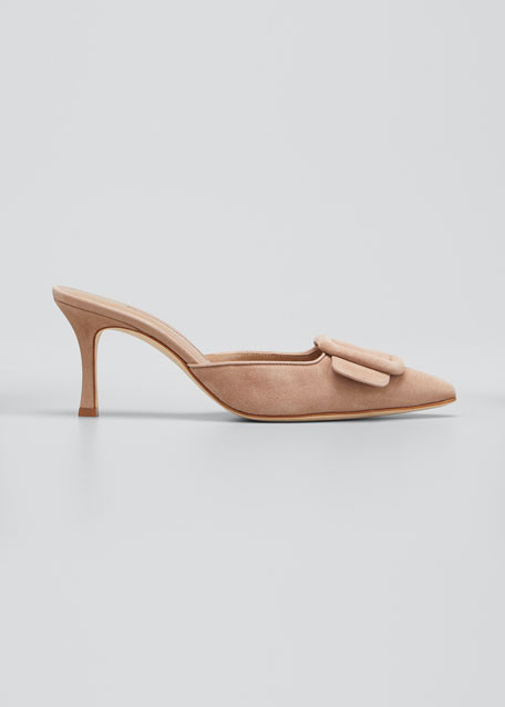 Manolo Blahnik Maysale Suede Buckle Mid-Heel 70mm Mules | Bergdorf Goodman