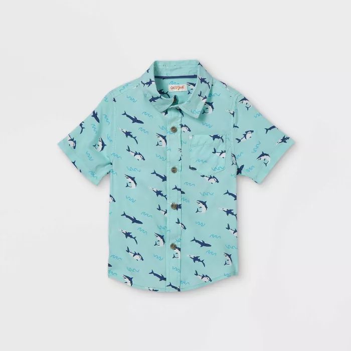 Toddler Boys' Shark Print Challis Woven Short Sleeve Button-Down Shirt - Cat & Jack™ Blue | Target