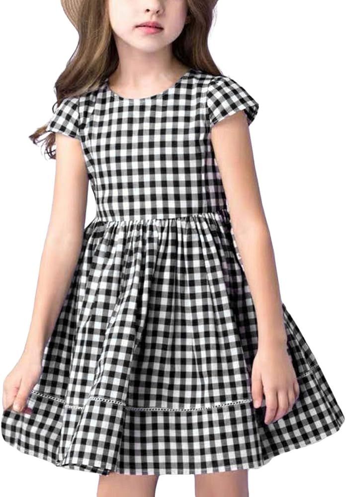 KYMIDY Girl Casual Dress Long Sleeve Buffalo Check Black White Plaid Dresses for Kids(2-7yrs) | Amazon (US)