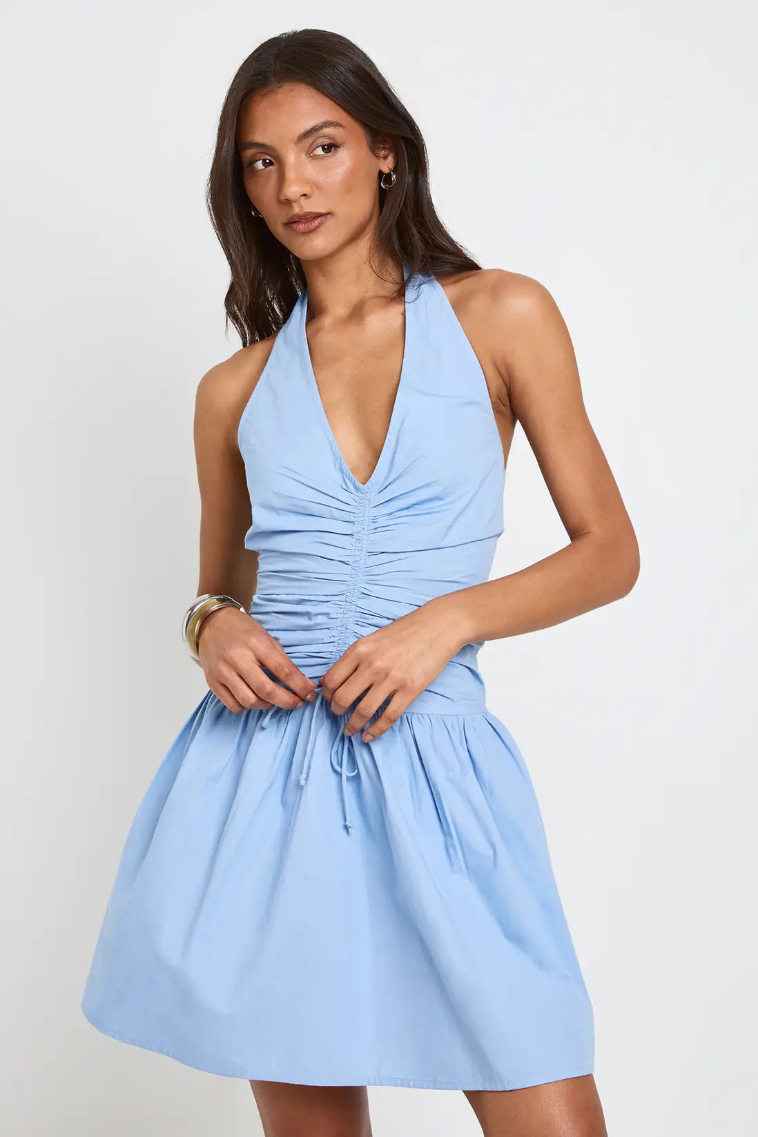 Baby Blue Tall Cotton Poplin Halterneck Front Gathered Seam Skater Mini Dress | Boohoo USA | boohoo (US & Canada)