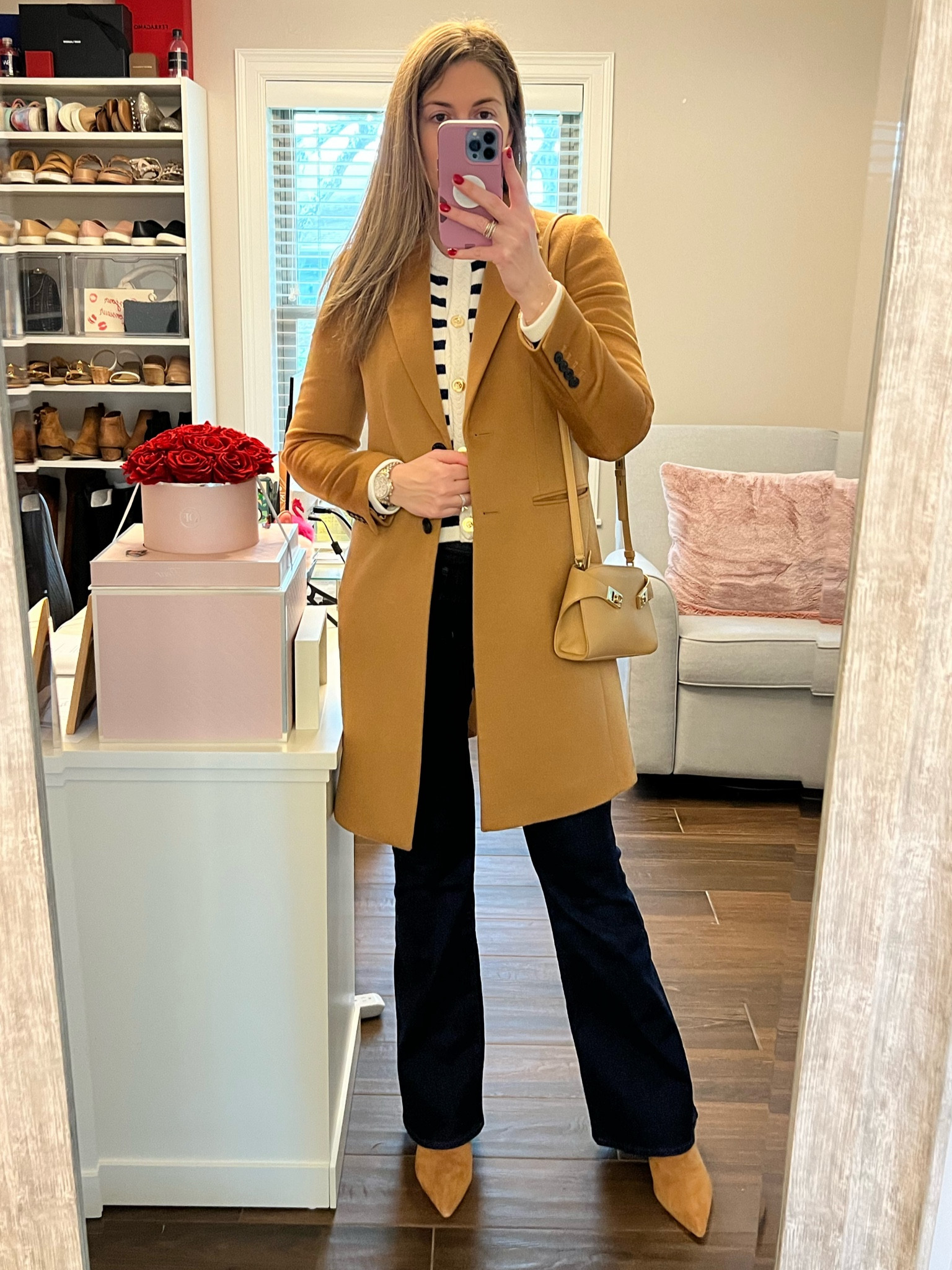 Sharing my favorite winter essentials: camel peacoat, dark wash skinny flared jeans, knit blazer / jardigan, and brown suede booties. Stay warm! 

Coat runs TTS. Wearing a size 6.
Cardigan runs slightly large. Wearing a size small. 
Jeans run small. Wearing a size 29.
Booties run TTS. 

#LTKSeasonal #LTKStyleTip #LTKOver40