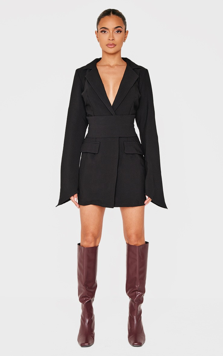 Black Woven Wrap Belt Blazer Dress | PrettyLittleThing US