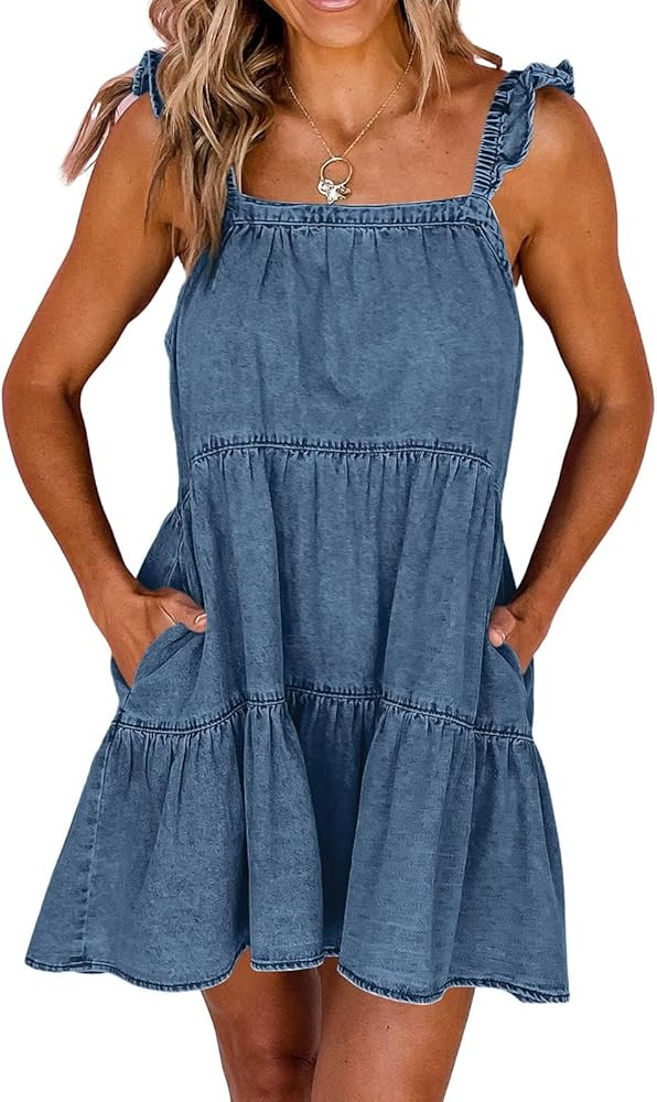 Newffr Womens Summer Denim Dress Square Neck Ruffle Trim Sleeveless Babydoll Dress Flowy Jean Dre... | Amazon (US)