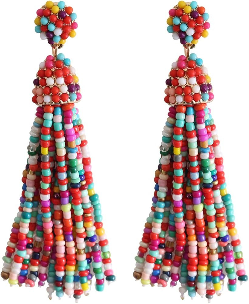 NLCAC Women's Beaded tassel earrings Long Fringe Drop Earrings Dangle 6 Colors | Amazon (US)