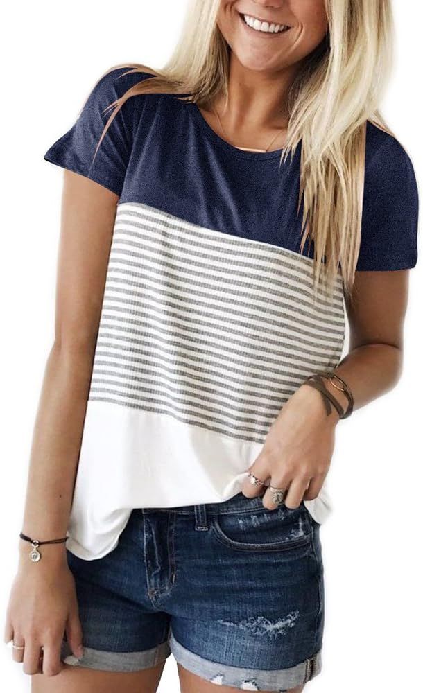 YunJey Round Neck Triple Color Block Stripe T-Shirt | Amazon (US)