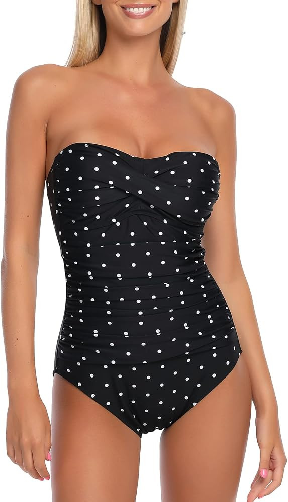 Ocean Blues Women’s Bandeau One Pieces Swimsuit Molded Cups Shirring Tummy Control Bathing Suit | Amazon (US)
