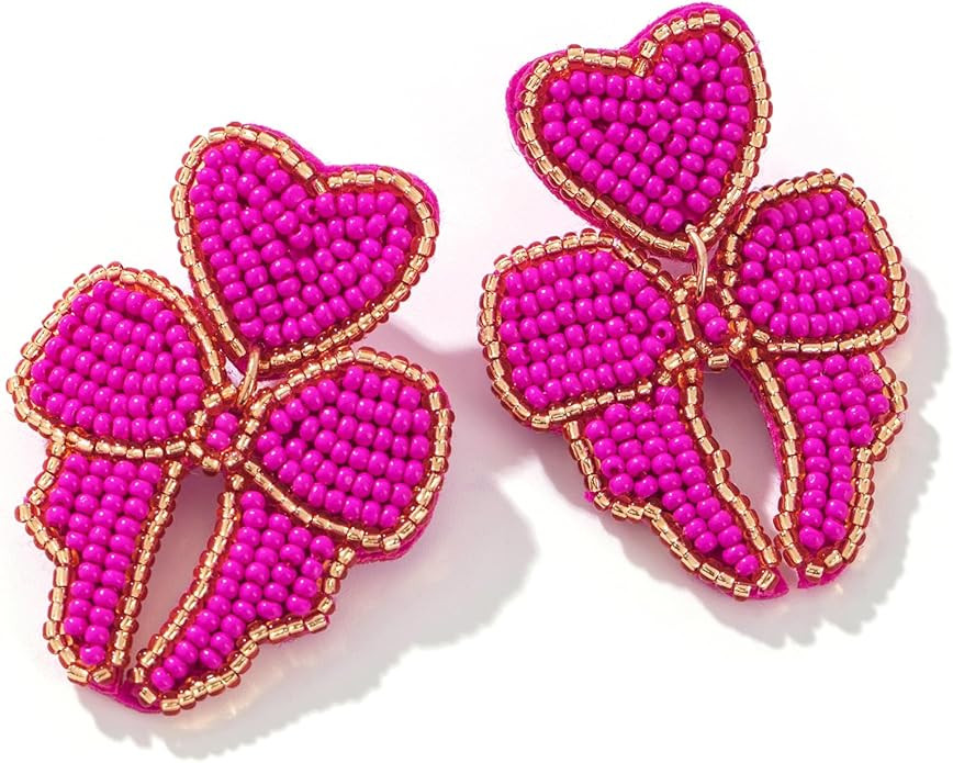 Beaded Bow Dangle Earrings Cute - Handmade Statement Ribbon Drop Earrings for Party or Wedding | Amazon (US)