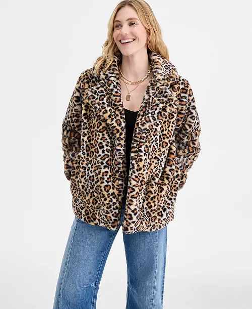 Women's Woven Sketchy Leopard-Print Faux-Fur Coat, Macy's Exclusive | Macy's