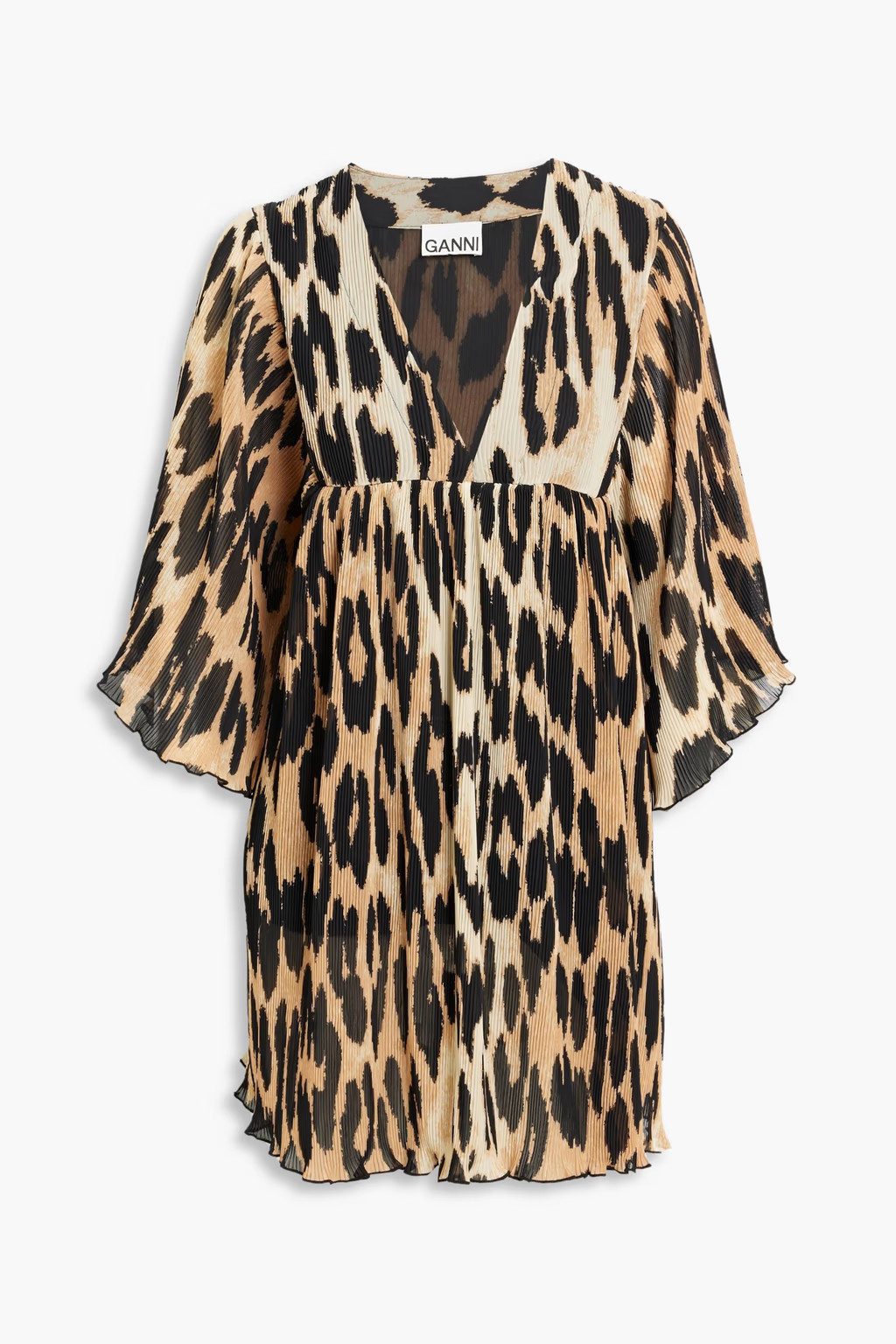 Black Leopard-print plissé crepe de chine mini dress | GANNI | THE OUTNET | The Outnet (US and CA)