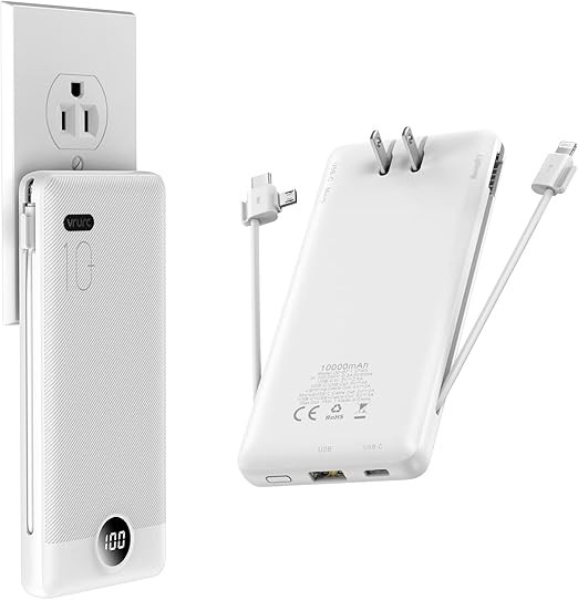 Portable Battery Charger Built-in Cable,10000mAh Type C Power Bank,VRURC Power Bank with Wall Plu... | Amazon (US)