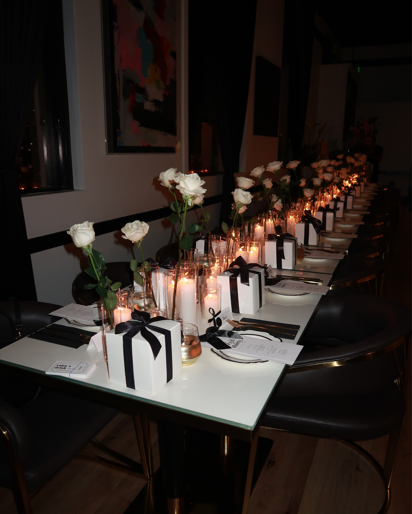 30th birthday table set up 🖤 After 3 months of planning, my vision finally came to life 🖤 I dreamed of an intimate dinner, with a black and white bow theme, white florals, and candles to create a modern, chic, and romantic vibe. 

#LTKWedding #LTKParties