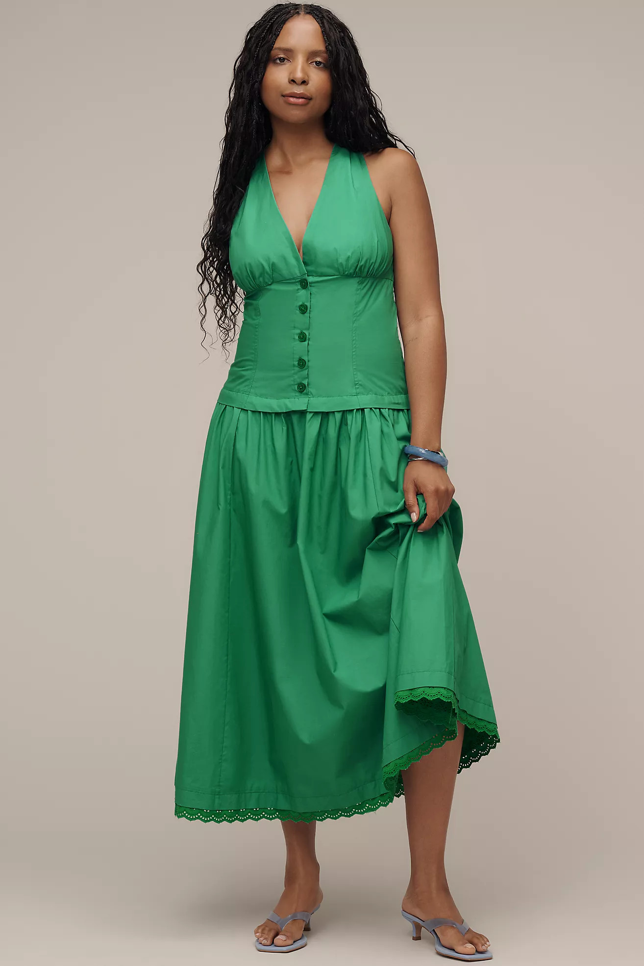 Maeve Halter V-Neck Drop-Waist Midi Dress | Anthropologie (US)