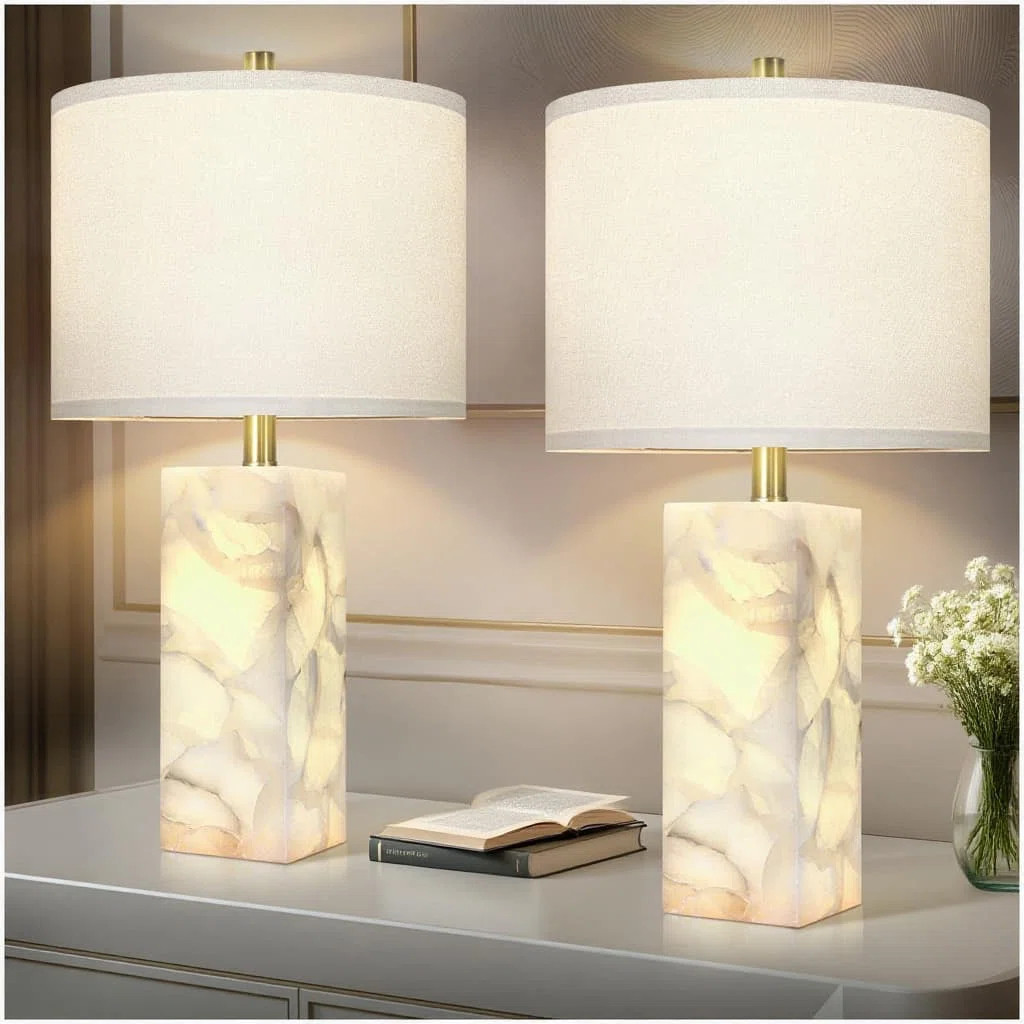 Scenekoy Natural Alabaster Table Lamp Set Of 2 With Integrated Night Light, 23-Inch Modern Bedsid... | Wayfair North America