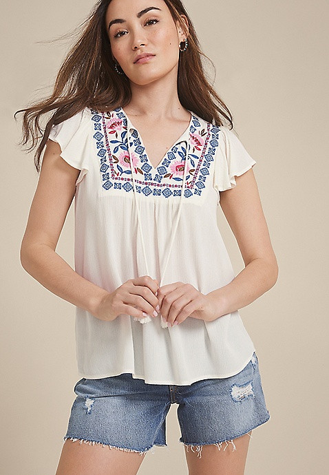 Embroidered Tie Front Blouse | Maurices
