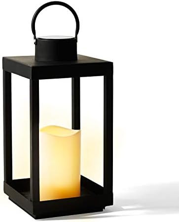 Solar Candle Holder Lantern - 14 Inch Tall, Matte Black Metal Frame, Waterproof Flameless Pillar Can | Amazon (US)