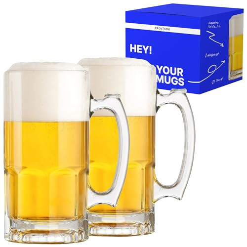 PROLISOK Glass Beer Mugs with Handle – 34 fl. oz. / 1L – Large & Heavy Beer Stein for Root Beer – Best Gift for Men Father Boyfriend Brother Dad – Set of 2 | Amazon (US)