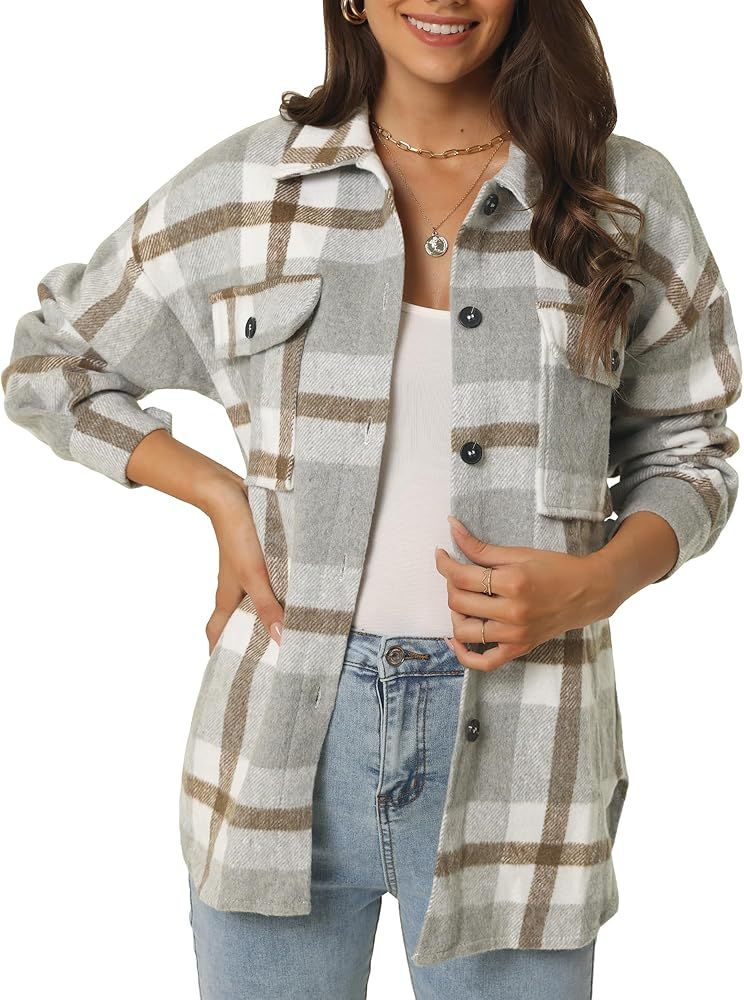 Women's Flannel Plaid Shacket Long Sleeve Button Down Shirts Jacket Fall Winter Coats with Pocket... | Amazon (US)